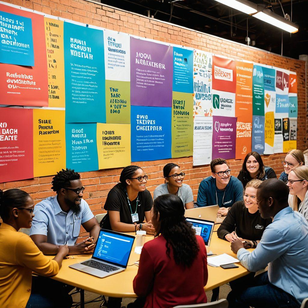 A vibrant community gathering scene showcasing diverse individuals engaging in conversations, with a backdrop of colorful posters and signs representing various nonprofit causes. Highlight elements of collaboration, empathy, and shared stories, with soft lighting capturing a sense of warmth and connection. Incorporate symbols of blogging and digital communication, like laptops and smartphones within the scene. super-realistic. bright colors. 3D.