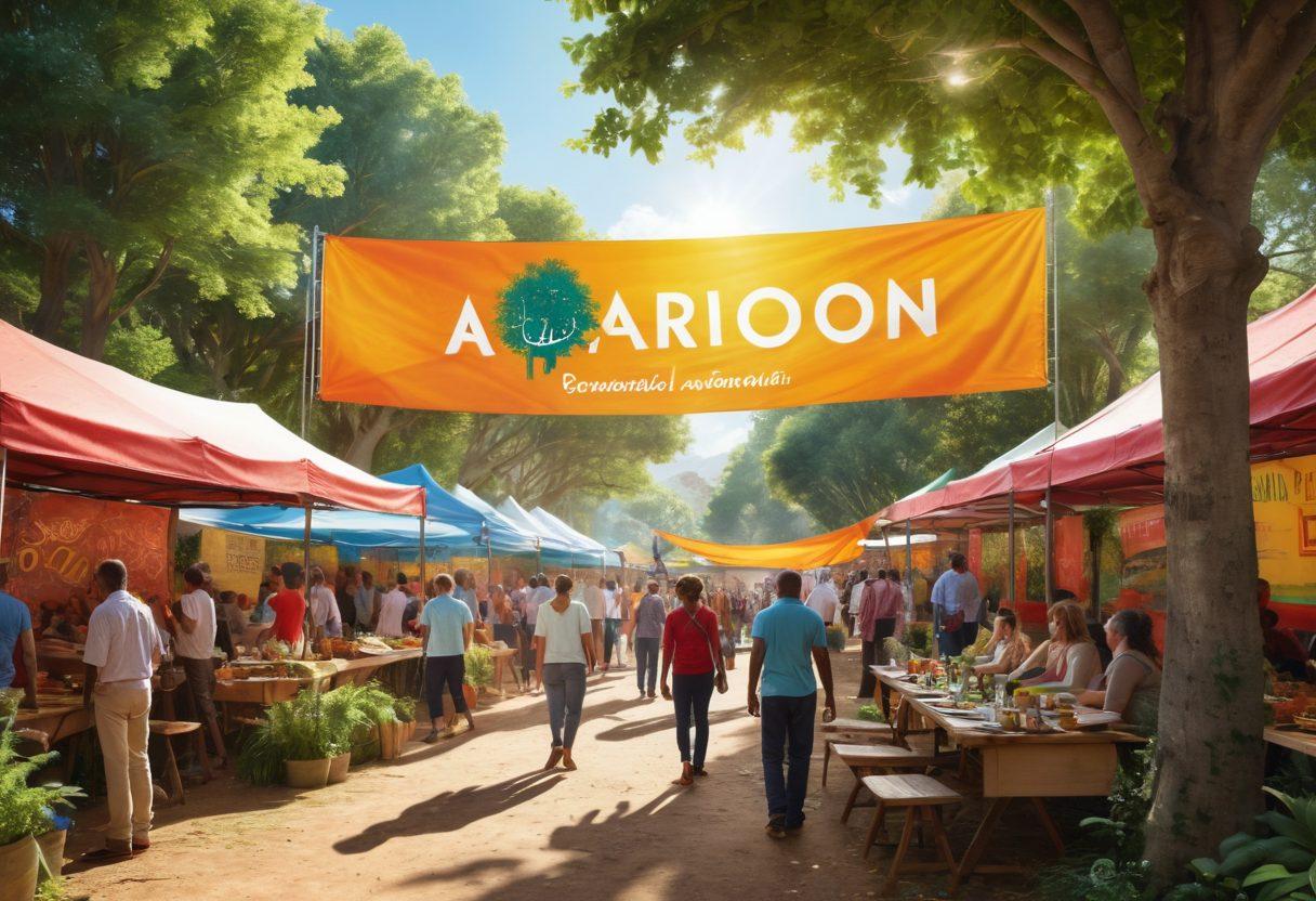 A vibrant community gathering in Alonon, showcasing diverse individuals engaged in animated discussions under a large, colorful banner that reads 'Exploring Alonon'. Lush greenery surrounds the scene, with a few stalls representing local resources and insights. Capture the essence of connection and sharing knowledge, with warm sunlight filtering through the trees. super-realistic. vibrant colors. community-focused.