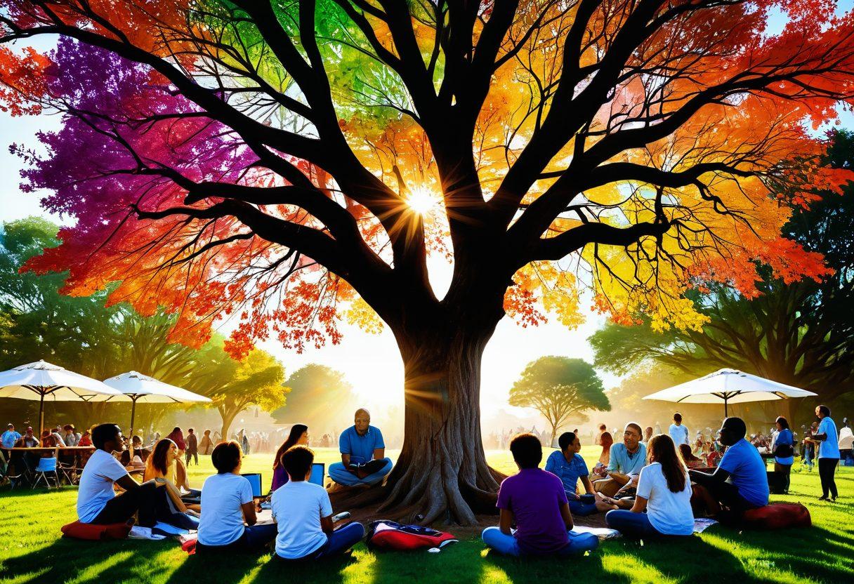 A vibrant community gathering under a large, colorful tree, where diverse groups of people are engaged in animated discussions, sharing laptops and books. Bright banners displaying topics of interest float in the background, while rays of sunshine create a warm and inviting atmosphere. Inspirational quotes are artistically integrated into the scene. super-realistic. vibrant colors. outdoor setting.